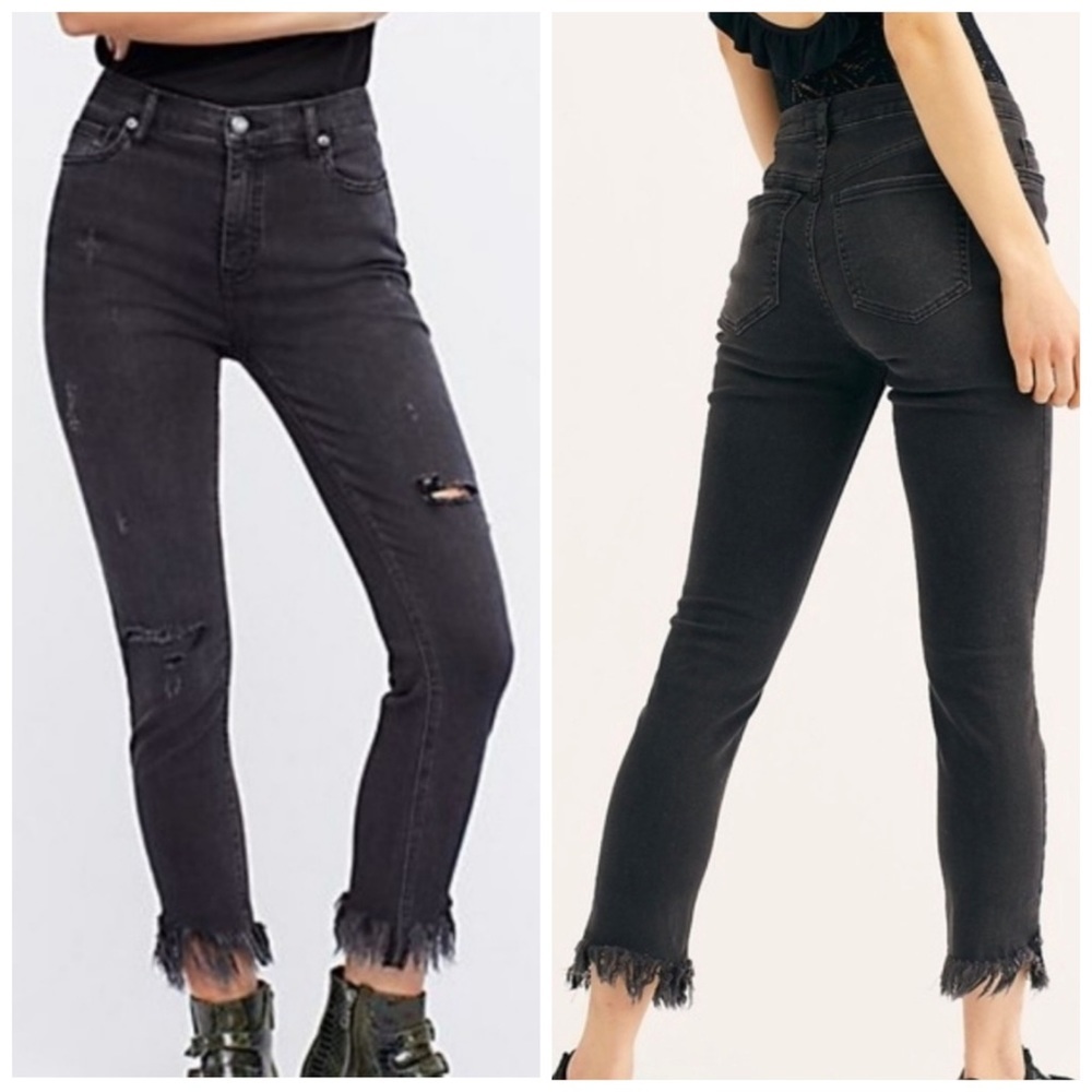 Free People Great Heights Frayed Jeans Black Fringe Size 26
